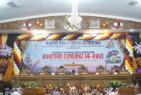 Gubernur Riau H. Abdul Wahid, M.Si., Kapolda Riau Irjen Pol. Dr. Herry Heryawan, S.I.K., M.H., M.Hum., Pangdam XIX/TT Mayjen TNI Dr. Agus Hadi Waluyo, S.A.P., M.M., CHRMP., Bupati Kuansing H. Dr. Suhardiman Amby, M.M., dan Ketua DPRD Kuansing Juprizal, S.E., M.Si. menghadiri Rapat Paripurna Istimewa DPRD Kuansing dalam rangka Hari Jadi Kabupaten Kuantan Singingi ke-26, Sabtu (12/10/2025).