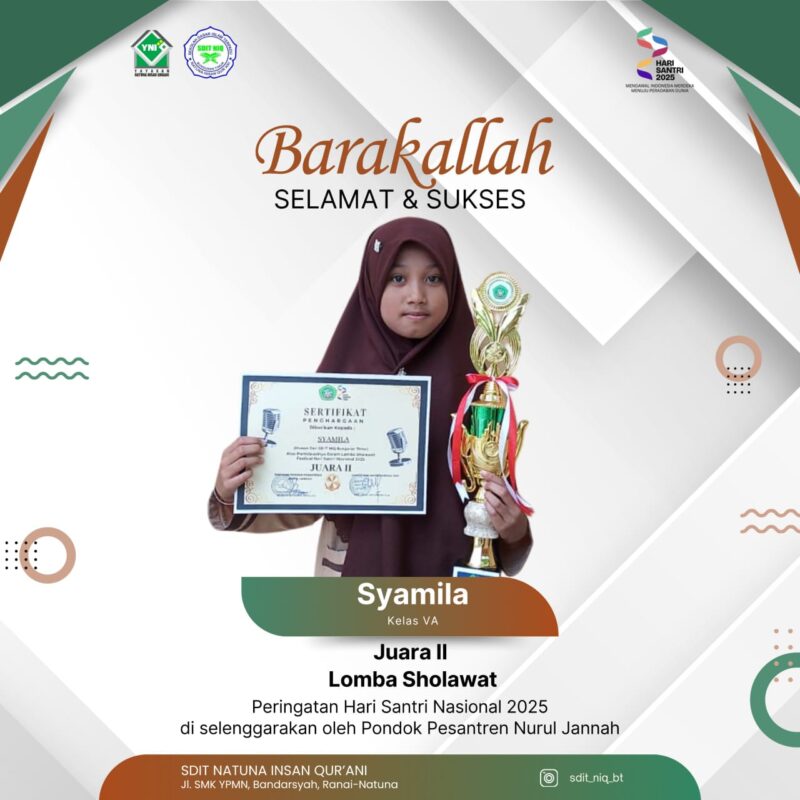 Syamila Kelas V. A SDIT NIQ, berhasil meraih juara 2 dalam lomba sholawat